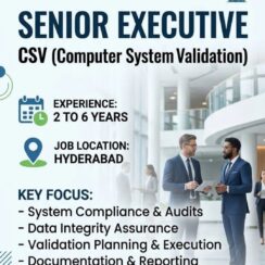 Senior Executive – CSV (Computer System Validation) – Hyderabad – 2–6 Years Exp – Data Integrity, Audits, Validation Planning