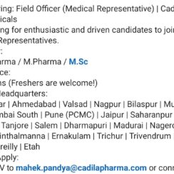 Field Officer (Medical Representative) – Cadila Pharmaceuticals – Multiple Locations (India) – B.Sc / B.Pharm / M.Pharm / M.Sc – Freshers Welcome
