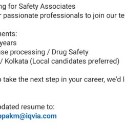 Safety Associate (PV Case Processing / Drug Safety) – IQVIA (Kochi / Kolkata) – 1–3 Years Exp – Local Candidates Preferred
