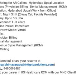 AR Caller (Physician Billing, Denial Management, RCM) – Hyderabad (Uppal, WFO) – 1–3 Years Exp – Up to 5.5 LPA – Night Shift + Cab