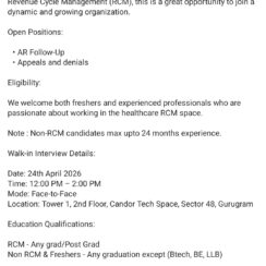 AR Follow-Up & Appeals/Denials – R1 RCM (Gurugram) – Freshers & Experienced – Walk-In April 24, 2026 – US Healthcare RCM