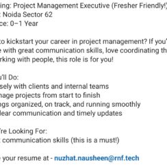 Project Management Executive (Fresher) – Noida Sector 62 – 0–1 Year Exp – Strong Communication Skills Required