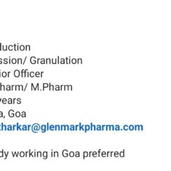 Senior Officer (Compression/Granulation) – Glenmark Pharma (Mapusa, Goa) – 1–4 Years Exp – B.Pharm / M.Pharm