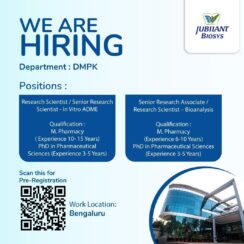 DMPK Hiring – Research Scientist / Sr. Research Associate (In Vitro ADME, Bioanalysis) – Bengaluru – M.Pharm / Ph.D – 3–15 Years Exp