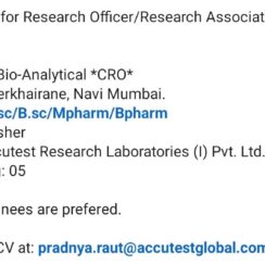 Research Officer/Associate (Bio-Analytical) – Accutest Research (Navi Mumbai) – Fresher – M.Sc / B.Sc / M.Pharm / B.Pharm – CRO