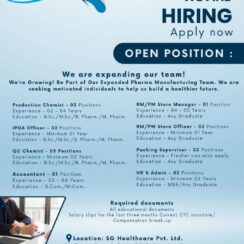 Production Chemist, RM/PM Store, IPQA, QC Chemist, Packing Supervisor, Accountant, HR & Admin – SG Healthcare (Ahmedabad) – 0–5 Years Exp