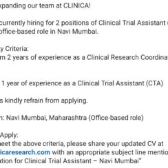 Clinical Trial Assistant (CTA) – Clinica (Navi Mumbai, Office-Based) – 2 Yrs CRC or 1 Yr CTA Experience – Apply Now