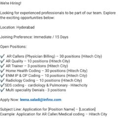 AR Caller, Quality, Trainer, Medical Coder (Home Health, ENM, Radiology, SDS, Denials) – Infinx (Hyderabad – Hitech City) – Immediate/15 Days Joining