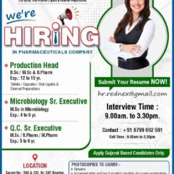 Production Head, Microbiology Sr. Executive, QC Sr. Executive – Rednex Pharmaceuticals (Ahmedabad) – 4–15 Years Exp – B.Sc / M.Sc / B.Pharm / M.Pharm