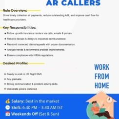 AR Caller – Clinic Anywhere (Remote/Night Shift) – US Healthcare RCM – Any Graduate – Sat/Sun Off – Online Interview