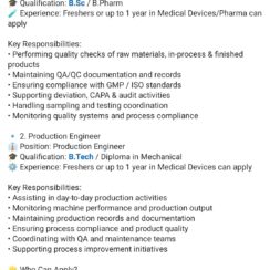 QA/QC Officer & Production Engineer (Medical Devices) – Dehradun – Freshers to 1 Year Exp – B.Sc / B.Pharm / B.Tech / Diploma Mechanical QA/QC Officer & Production Engineer (Medical Devices) – Dehradun – Freshers to 1 Year Exp – B.Sc / B.Pharm / B.Tech / Diploma Mechanical