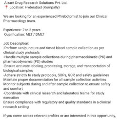 Aizant Jobs 2026 | Phlebotomist Clinical Pharmacology | MLT DMLT | Hyderabad Kompally | 2-5 Years Exp