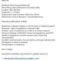 Omega Healthcare Jobs 2026 | Clinical Research Associate CRA | Navi Mumbai | Life Sciences | 1-5 Years Exp