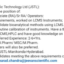Jeevan Scientific Technology Hiring 2026 | Research Associate Sr RA Operators | LCMS Bioanalytical | Manikonda Hyderabad | 2-6 Years