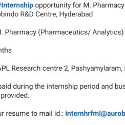 Aurobindo R&D Internship 2026 | M.Pharmacy Freshers | Pharmaceutics Analytics | Pashamylaram Hyderabad | 9 Months Stipend