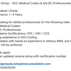 HCC Medical Coders & QA/QC Jobs Hyderabad 2026 | CPC/CRC/CCS Certified | 1-4 Years Experience | Mercure Solution