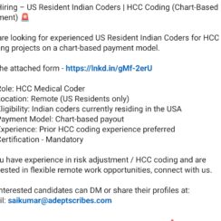 Hiring US Resident Indian Coders 2026 | HCC Medical Coding | Remote | Chart-Based Payment | Certification Mandatory Hiring US Resident Indian Coders 2026 | HCC Medical Coding | Remote | Chart-Based Payment | Certification Mandatory