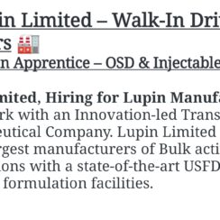Lupin Limited Walk-In Drive 23rd May 2026 | Production Apprentice | OSD & Injectable | B.Pharm/D.Pharm Freshers | Nagpur