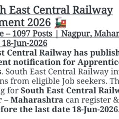SECR Railway Apprentice Jobs 2026 | 1097 Posts | Nagpur Maharashtra | 10th + ITI Pass | Apply Online