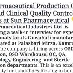 Sun Pharma Walk-In 2026 | Guwahati Plant Jobs | ITI, Diploma, B.Pharma, M.Pharma, B.Tech | 24-May-2026