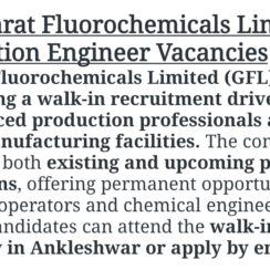 Gujarat Fluorochemicals Limited Jobs 2026 | Walk-In Ankleshwar | Production Engineer | Dahej | 26-May-2026