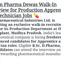 Sun Pharma Dewas Walk-In 2026 | Production Apprentice & Technician | B.Sc, D.Pharma, ITI | 26-May-2026
