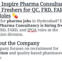 IPC Inspire Pharma Consultancy Hiring Freshers 2026 | QC, FRD, FARD, IPQA | Hyderabad | B.Pharm, M.Pharm
