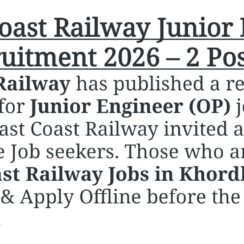 East Coast Railway Junior Engineer (OP) Recruitment 2026 | 2 Posts | Khordha, Odisha | Offline Apply