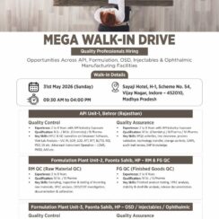 Mega Walk-In – QC & QA (API, Formulation, OSD, Injectables, Ophthalmic) – Mankind Pharma (Indore) – 2–8 Years Exp – B.Sc / M.Sc / B.Pharm / M.Pharm – May 31, 2026