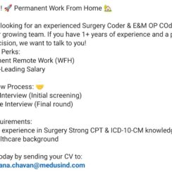 Surgery Coder & E&M OP Coder (1+ Year Exp) – Medusind – Permanent Work From Home – Market-Leading Salary – Virtual + In-Office Interview