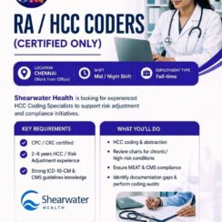 RA / HCC Coder (CPC/CRC Certified) – Shearwater Health (Chennai, WFO) – 2–6 Years Exp – Mid/Night Shift – HCC Coding, CMS Guidelines