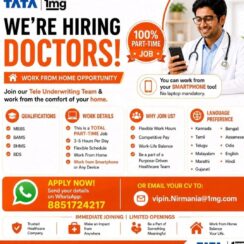 Part-Time Tele Underwriting Doctor (MBBS/BAMS/BHMS/BDS) – Tata 1mg (Work From Home) – Flexible 3–5 Hours/Day – Multiple Languages