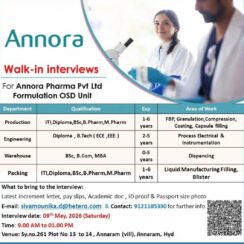 Walk-In Interview – Production, Engineering, Warehouse, Packing (OSD Formulation) – Annora Pharma (Hyderabad) – 0–6 Years Exp – May 9, 2026
