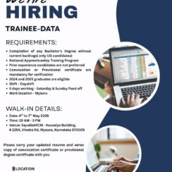 Trainee – Data (Apprenticeship) – EqualizeRCM (Mysuru) – 2024/2025 Graduates Only – Day Shift, Sat/Sun Off – Walk-In May 4-7, 2026