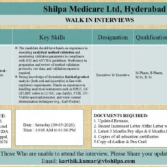 Walk-In – Analytical Services (QC Formulation, Method Validation, HPLC/GC) – Shilpa Medicare (Hyderabad) – 2–6 Years Exp – M.Pharm / B.Pharm / M.Sc / B.Sc – May 9, 2026