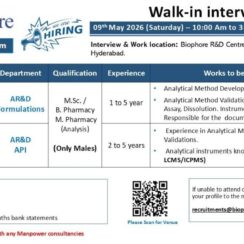Walk-In – Jr. Research Analyst / Research Analyst (AR&D Formulations & API) – Biophore (Hyderabad, Pashamylaram) – 1–5 Years Exp – M.Sc / B.Pharm / M.Pharm – May 9, 2026