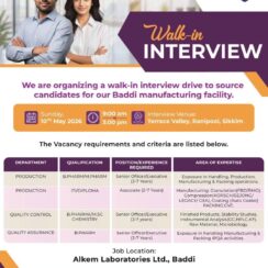 Walk-In Interview – Production, QC, QA – Alkem Laboratories (Baddi) – 2–7 Years Exp – B.Pharm / M.Pharm / M.Sc / ITI/Diploma – May 10, 2026 (Sikkim Venue)