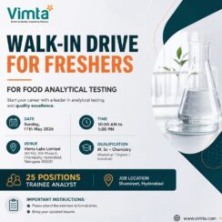 Walk-In – Trainee Analyst (Food Analytical Testing) – Vimta Labs (Hyderabad – Shamirpet) – M.Sc Chemistry (Analytical/Organic/Industrial) – 25 Openings – May 17, 2026
