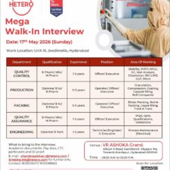 Mega Walk-In – QC, Production, Packing, QA, Engineering – Hetero (Jeedimetla, Hyderabad) – 0–5 Years Exp – May 17, 2026 – B.Pharm / M.Sc / Diploma / B.Tech