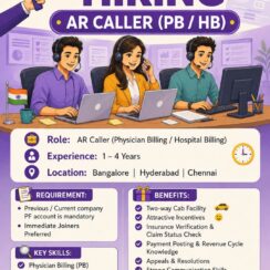 AR Caller (Physician/Hospital Billing) – Bangalore, Hyderabad, Chennai – 1–4 Years Exp – PF Mandatory – Immediate Joiners – Two-Way Cab + Incentives