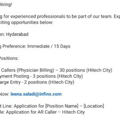 AR Caller (Physician Billing), Payment Posting, Charge Entry – Infinx (Hyderabad – Hitech City) – Immediate/15 Days Joining – 30+ Openings