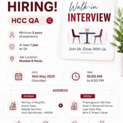 HCC QA (3+ Years Exp, 1+ Year as QA) – Chirok Health (Mumbai & Noida) – Walk-In May 16, 2025 – Immediate Interview
