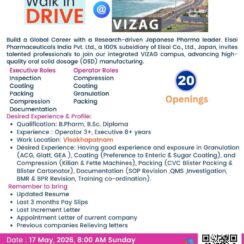 Walk-In – Executive & Operator (Compression, Coating, Granulation, Packing, Documentation) – Eisai Pharmaceuticals (Visakhapatnam) – 3–8+ Years Exp – May 17, 2026 – 20 Openings