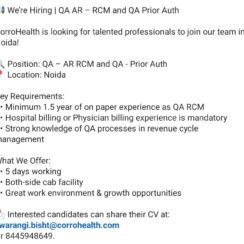 QA – AR RCM & QA – Prior Auth (1.5+ Years Exp) – CorroHealth (Noida) – Hospital/Physician Billing – 5 Days Working + Both-Side Cab