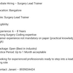 Surgery Lead Trainer (6–8 Years Exp) – Bangalore – Surgery Coding Expertise – Open to Non-Trainer Profiles – Best in Industry Package