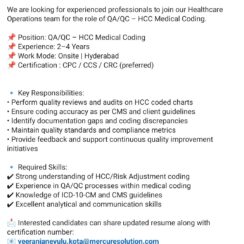 QA/QC – HCC Medical Coder (2–4 Years Exp) – Mercure Solutions (Hyderabad, Onsite) – CPC/CCS/CRC Preferred – ICD-10-CM, CMS Guidelines