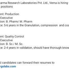 Executive – Production (Granulation/Compression/Coating) & QC (HPLC/Validation) – VerGo Pharma (Verna) – 2–6 Years Exp – B.Pharm / M.Pharm / B.Sc / M.Sc