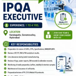 IPQA Executive (1–4 Years Exp) – Genome Valley, Hyderabad – SOP/BMR/QMS, Biologics – Pharma/Biotech – Apply Now