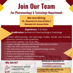 Sr. Research Associate / Research Associate (Pharmacology & Toxicology) – Accuprec Research (Ahmedabad) – 2–8 Years Exp – M.Pharm (Pharmacology & Toxicology) – GLP/SOP Compliance