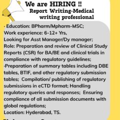Assistant Manager / Deputy Manager – Medical Writing (CSR, BA/BE, eCTD) – Jeevan Scientific (Hyderabad) – 6–12+ Years Exp – B.Pharm / M.Pharm / M.Sc